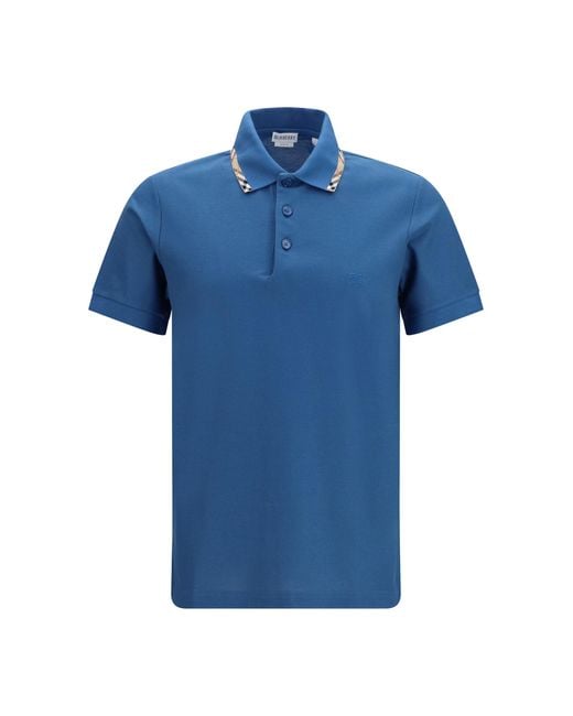Burberry Blue Cotton Polo With Check Trims Officers for men