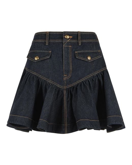 Zimmermann Black Frill Onyx Flared Hem Denim Mini Skirt