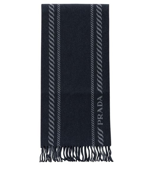 Prada Blue Wool And Cashmere Fringed Scarf for men