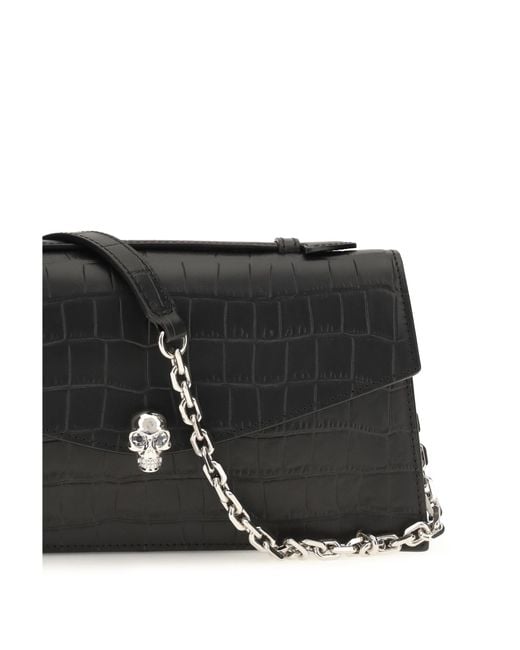 McQueen Black Handbag Skull Croc-Embossed