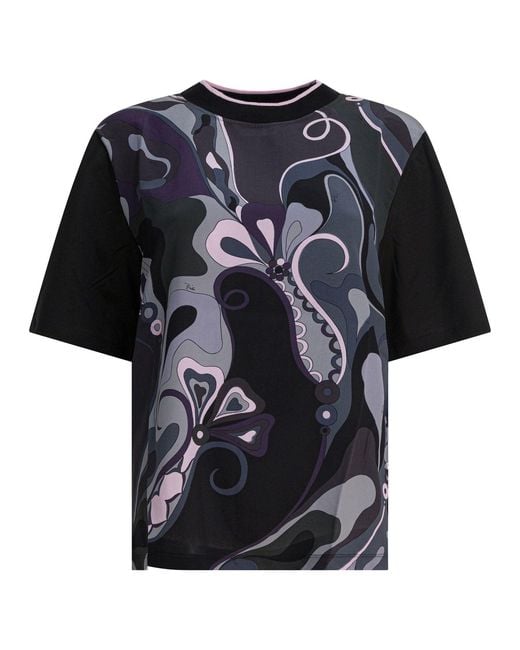 Emilio Pucci Black Cotton And Silk Crewneck T-Shirt With Print