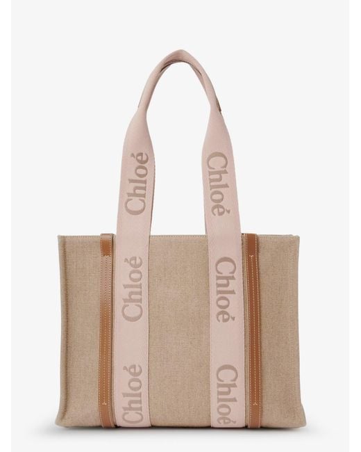 Chloé Natural Woody Linen Shoulder Bag With Front Embroidered Logo