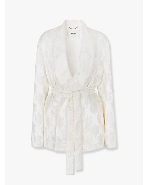 Fendi White Jacquard Silk Blazer With Floral Motif