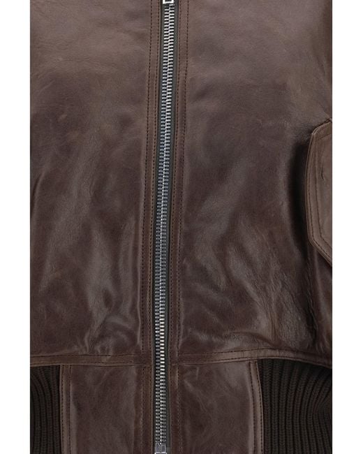 Rick Owens Brown Cropped Leather Bomber Jacket