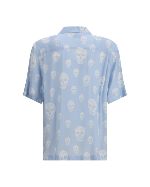McQueen Blue Skull-Printed Hawaiian Shirt for men