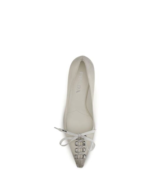 Prada White Lace-Up Antique-Finish Leather Pumps Talco