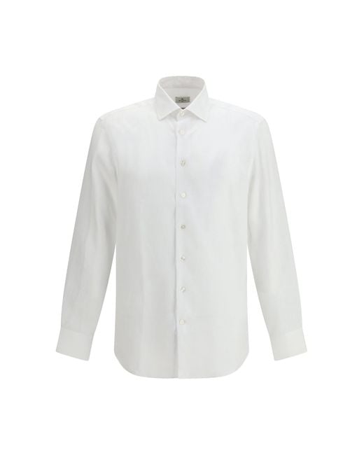 Men's White Linen Shirt With Contrasting Pegaso Embroidery Logo