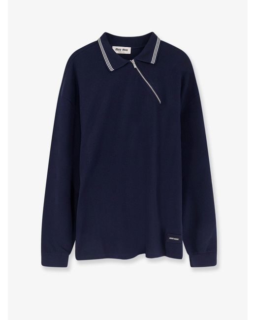 Miu Miu Blue Cotton Polo Shirt With Asymmetric Metal Zip Detail