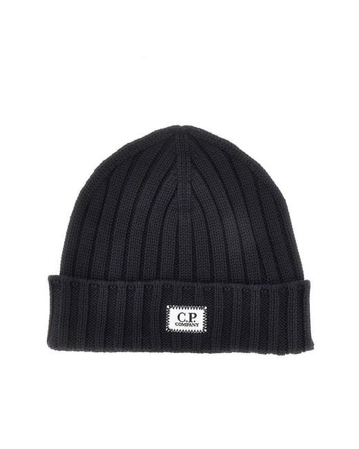 C P Company Blue Knitted Beanie Hat With Logo Patch for men