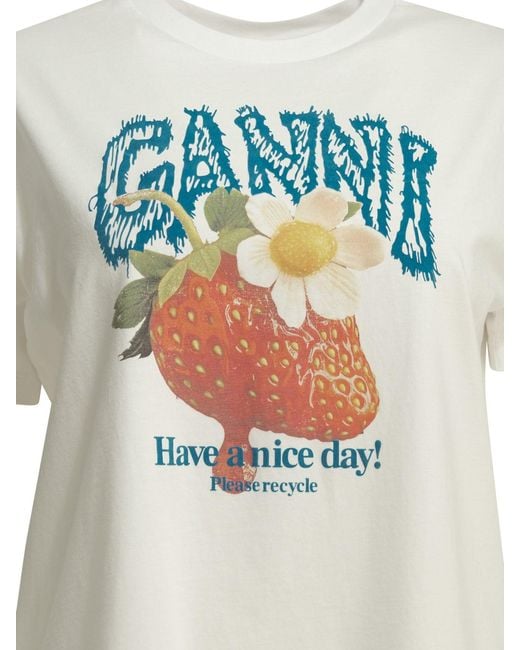 Ganni White "Strawberry" Crew-Neck T-Shirt