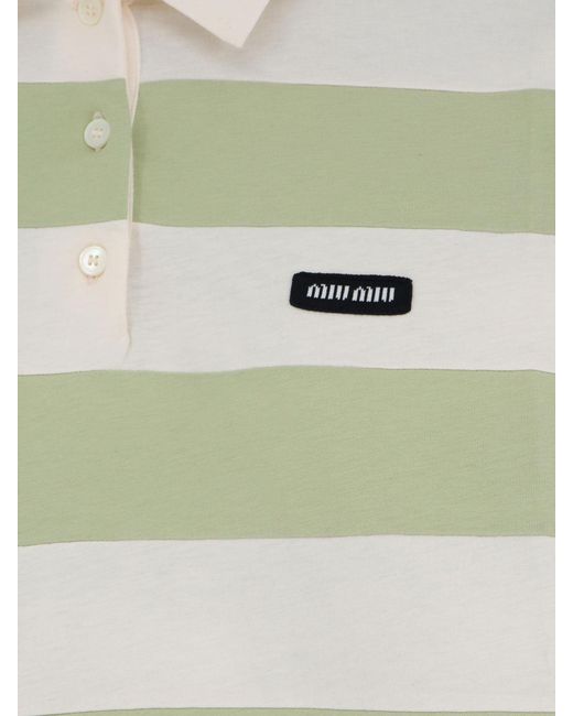 Miu Miu Green Cotton Polo Shirt With Striped Pattern
