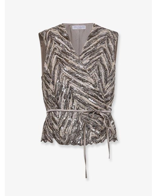Brunello Cucinelli White Vest With Sequins Embroidery