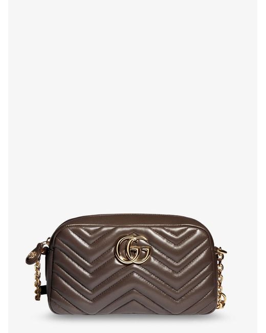 Gucci Brown Gg Marmont Camera Bag Leather Crossbody Bag With Chevron Stitching