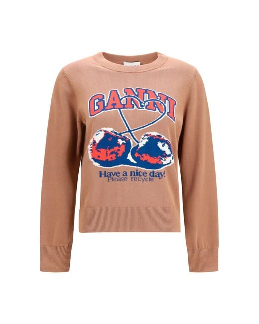 Ganni White Cherry-Print Cotton Sweater