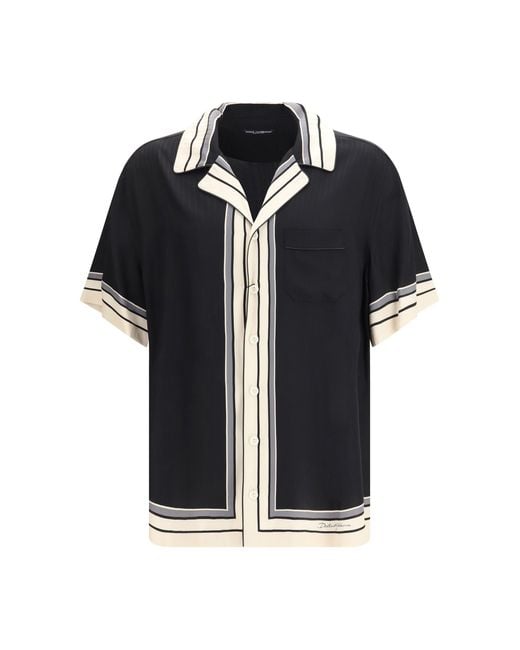 Dolce & Gabbana Black Hawaii Shirt With Logo And Striped Print for men