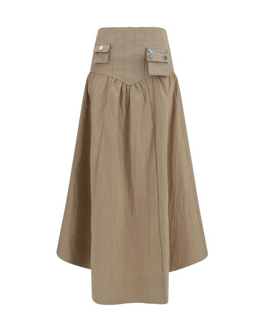 Ganni Natural Corset-Detail Ruched Midi Skirt Warm Sand