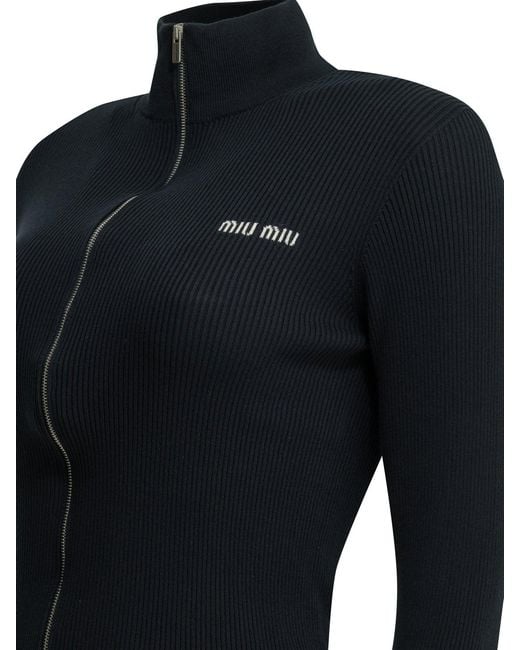 Miu Miu Blue Zip-Up Cotton Sweater