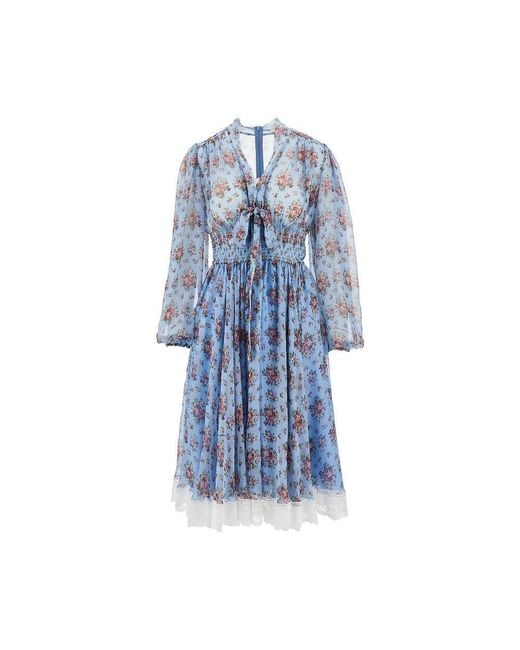 Dolce & Gabbana Blue Bunch Of Flowers Print Chiffon Midi Dress