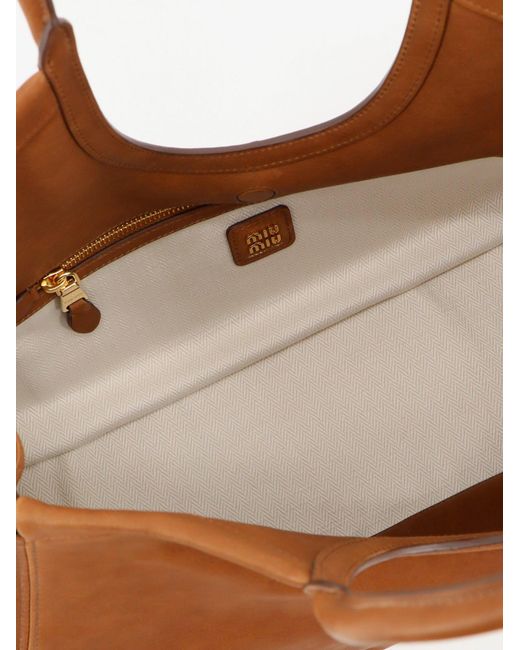 Miu Miu Brown Ivy Leather Handbag With Front Lettering Logo