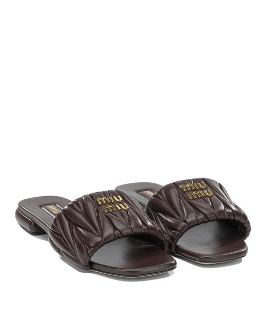 Miu Miu Brown Matelassé Leather Slides
