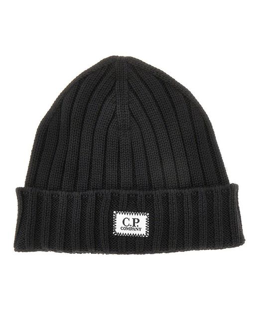 C P Company Black Knitted Beanie Hat With Logo Patch for men