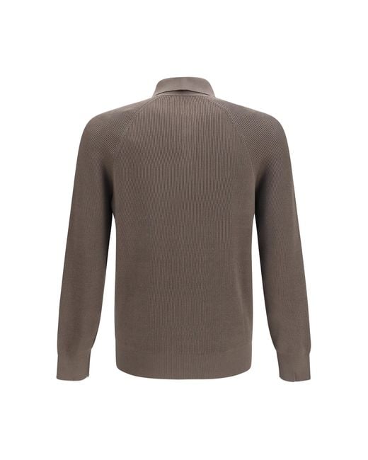 Brunello Cucinelli Gray Long-Sleeve Knit Polo Shirt for men