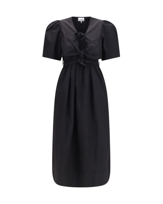 Ganni Black Midi Dress With Bows And Puff Shoulders