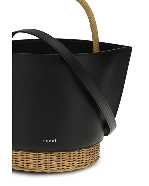 Sacai Black Leather And Rattan Handbag