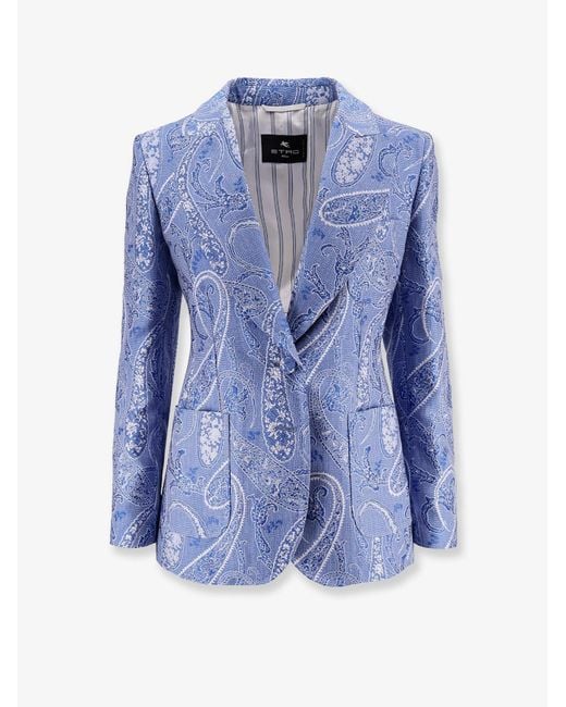 Etro Blue Silk Blend Single-Breasted Blazer