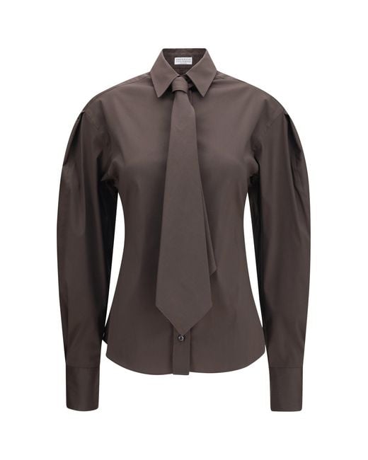 Brunello Cucinelli Gray Cotton Blend Shirt With Tie