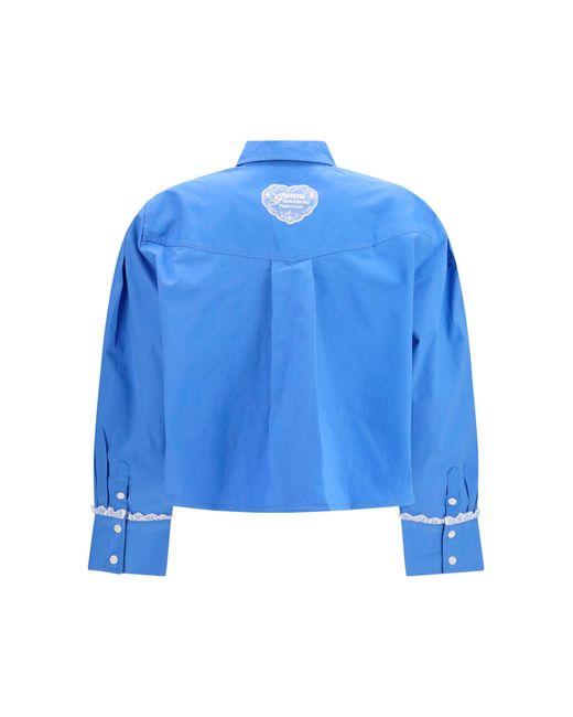 Ganni Blue Cotton Shirt With Lace Details
