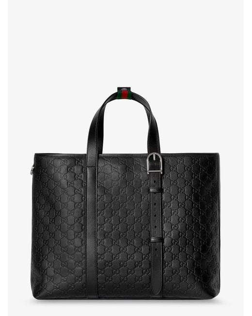Gucci Black Gg Emblem Leather Shopping Bag With Embossed Gg Motif for men