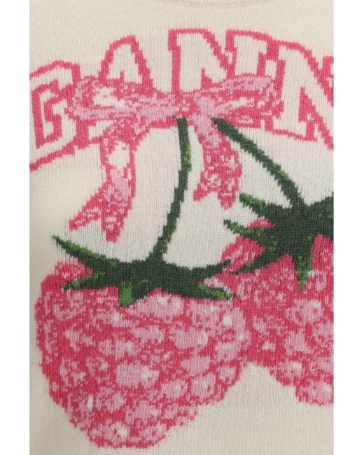 Ganni White Crewneck Sweater With Raspberries Print
