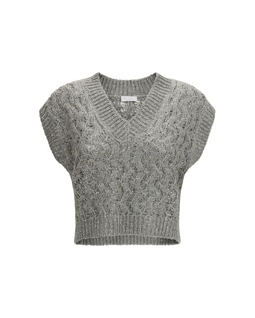 Brunello Cucinelli Gray Silk Blend Sequined Vest Rosemary