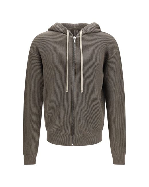 Rick Owens Gray Ribbed Virgin Wool Knit Hoodie for men