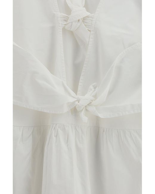 Ganni White Cotton Mini Dress With A Deep V-Neckline And Three Front Tie Bands