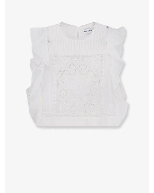 Women's White Self Portrait Ramie Top With Lace Inserts