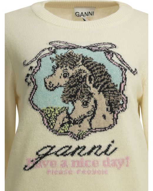 Ganni Metallic Horses Crew-Neck Sweater