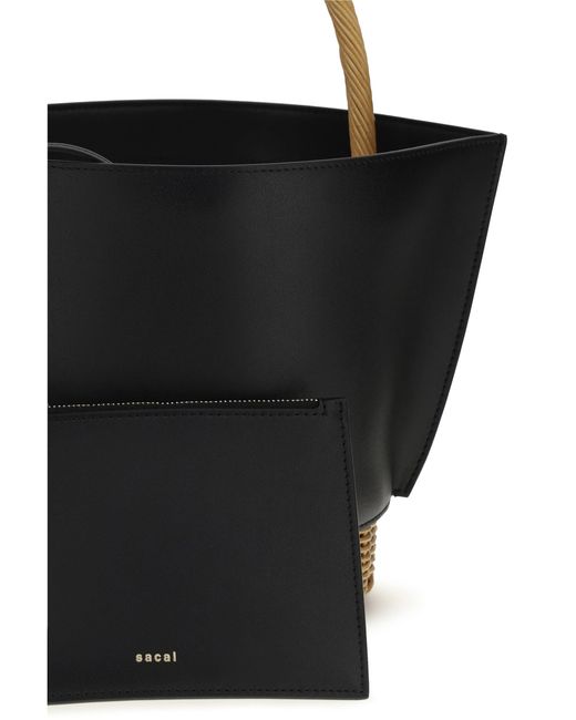 Sacai Black Leather And Rattan Handbag