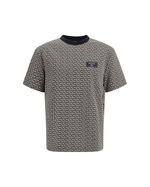Balmain Gray Jacquard T-Shirt With Pb Labyrinth Monogram for men
