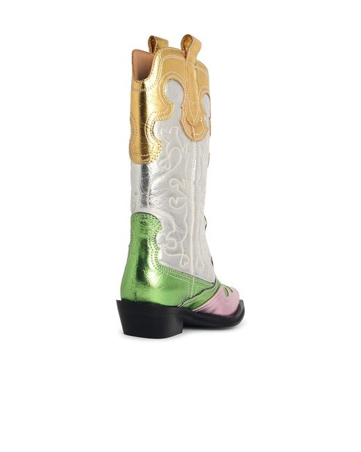 Ganni Green 'Western' Embroidered Boots With Medium Leg