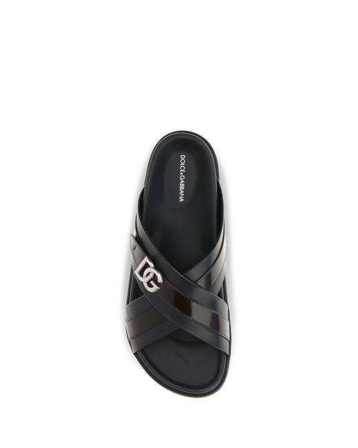 Dolce & Gabbana Black Dolce & Gabbana Smooth Calf Leather Slide Sandals Nero for men