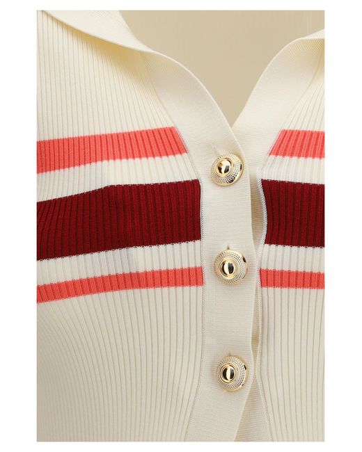 Self-Portrait White Striped Viscose Knit Button Top