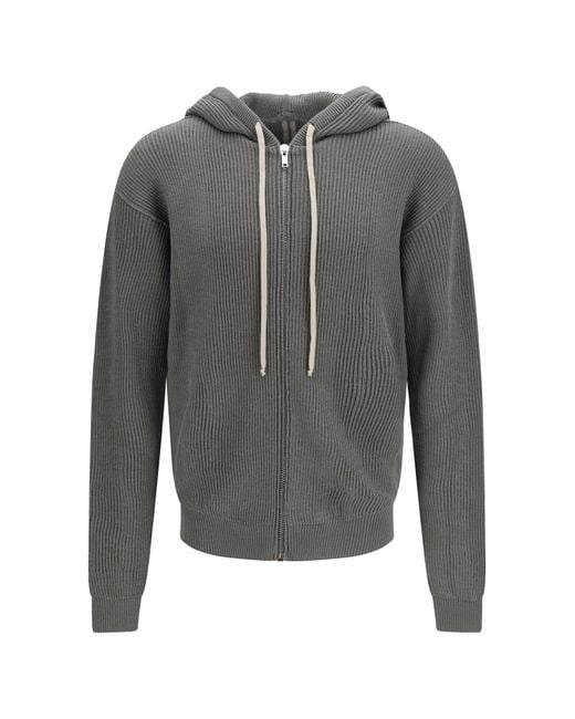 Rick Owens Gray Ribbed Virgin Wool Knit Hoodie for men