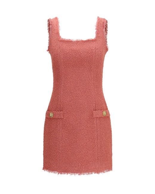 Balmain Red Short Tweed Dress With Two Pockets