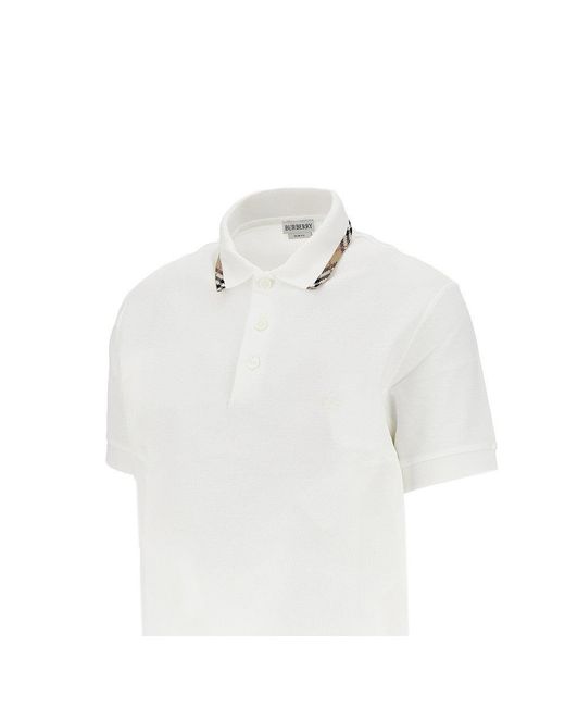 Burberry White Piquet Polo Shirt With Check Trimmings for men
