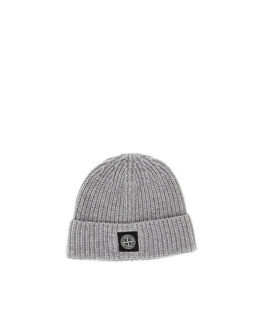 Stone Island Gray Virgin Wool Beanie Hat With Logo Patch for men