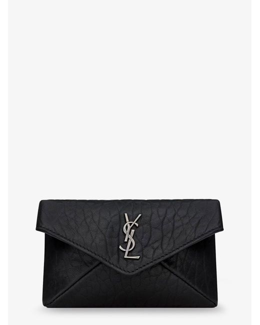 Saint Laurent Black Leather Envelope Card Holder With Metal Cassandre Logo for men
