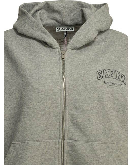 Ganni Gray Sweatshirt With Zipper And Logo