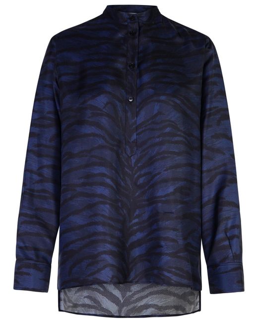 Women's Blue Tiger Print And Silk Shirt